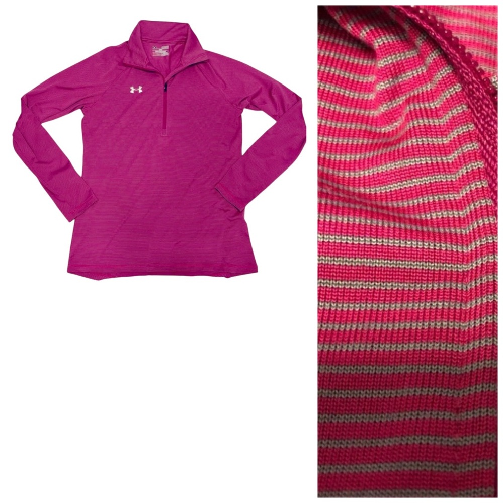 Under Armour 1/4 Zip Micro Stripe  Pullover Pink and Gray Small